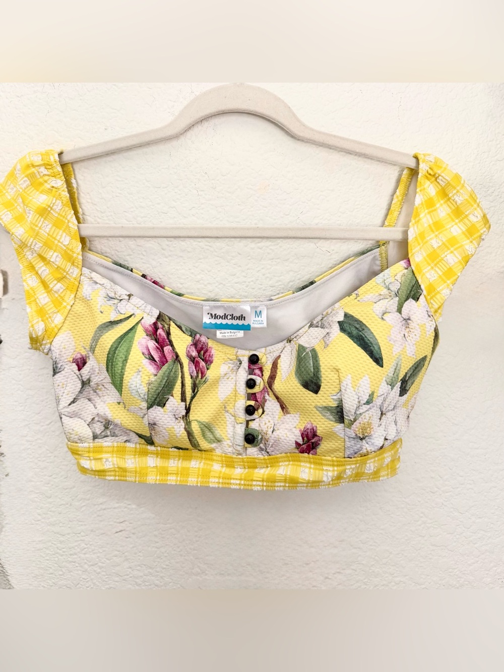 ModCloth Floral Cap Sleeve Bikini Top Button Front Gingham Size M